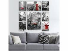 Lot de 9 tableaux aranea l20xh15cm motif villes célèbres noir, blanc et rouge
