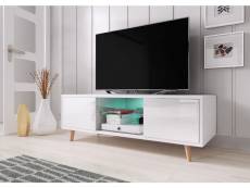 Meuble banc TV - 140 cm - Blanc mat / Blanc brillant - Avec LED - Style scandinave Sweden