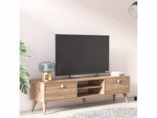 Meuble tv de salon avec deux portes et deux compartiments centraux, 152 x 35 x 40 cm, couleur chêne 8052773563024