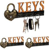 Relaxdays - Panneau à clés, lot de 3, 5 crochets, Cadenas & écriture Keys, fonte de fer, vintage, hlp 10x26x3 cm, orange/noir