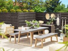 Set de jardin table avec deux bancs en fibre-ciment gris et bois clair oria 263114
