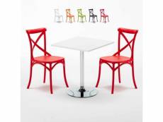 Table carrée blanche 70x70cm 2 chaises colorées intérieur
