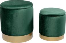 2 tabourets-coffres en velours vert et acier doré