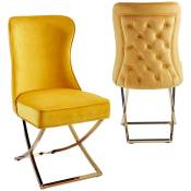 Audrey - Lot de 2 chaises en velours jaune moutarde pieds en métal doré - Jaune