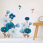 Autocollant mural fleur blanche bleue grande plante florale autocollant mural oiseaux volants autocollant d'art mural pour chambre salon bureaux