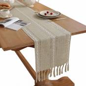 Chemin de table en lin rustique avec pompon fait à la main, chemins de table brodés de style campagnard de 220 cm de long pour décoration de fête et
