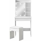 Coiffeuse d'angle led blanche avec tiroirs, 1 miroir coulissant, étagères et tabouret, meubles de chambre à coucher