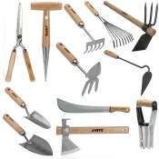 Kit 12 outils de jardin Manche bois Inox et Fer forgés à la main haute qualité traditionnelle Vito