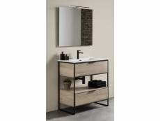 Meuble de salle de bain avec 2 tiroirs couleur chêne nordique avec plan moulé + miroir - longueur 100 x hauteur 85 x profondeur 46 cm