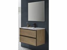 Meuble de salle de bain avec avec 2 tiroirs suspendus couleur chêne nordique avec plan moulé + miroir - longueur 100 x hauteur 50 x profondeur 46 cm