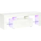 Meuble TV LED style contemporain - grand tiroir, niche, 2 étagères verre - panneaux particules MDF blanc laqué - Blanc
