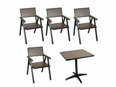 Set de 4 chaises de jardin + table de jardin hwc-j95, chaise table, revêtement gastro outdoor, alu aspect bois ~ noir, gris