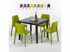 Table carrée noire 90x90cm avec 4 chaises colorées