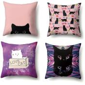 4-piece polyester pillow cover for home decoration, pillow, pillow, cat print cushion (pink purple 45 45cm)