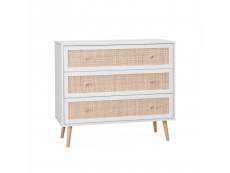 Commode en décor bois blanc et cannage 90x39x79cm - bohème - 3 tiroirs