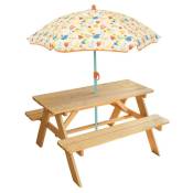 Fun House - Fruity's Table pique-nique en pin H.53 x l.95 x P.75 cm avec parasol H.125 x ø 100 cm - Pour enfant