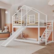 Lit superposé en bois massif 90 x 200 cm avec escalier toboggans - Lit cabane d'enfant Lit - Lit double sommier à lattes bois massif pour enfant,