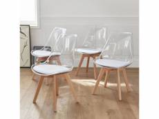 Lot de 4 chaises scandinaves - lagertha - pieds bois. Fauteuils 1 place. Coussin blanc. Coque transparente