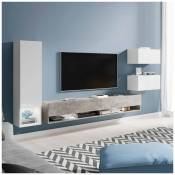 Meuble tv contemporain gris béton et blanc laqué avec led - amanda - gris blanc