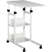 Table de lit/fauteuil - table roulante - hauteur réglable - 2 étagères intégrées - panneaux particules E1 aspect bois métal blanc - Blanc