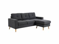 Canapé d'angle 3 places design scandinave - dossier effet capitonné, repose-pied amovible - piètement bois tissu anthracite