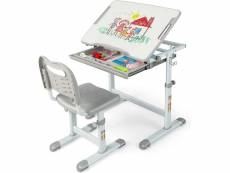 Costway bureau pour enfant, hauteur réglable, inclinable 0-45°, ensemble table et chaise avec plateau, tiroir gris