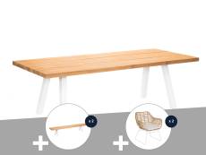 Ensemble table de jardin en teck Seychelles + 2 bancs en teck + 2 fauteuils - 10 places - Jardiline