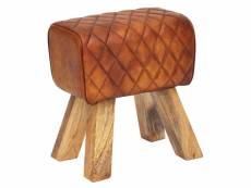 Finebuy pouf cuir véritable bois massif 40x48x27 cm pouf moderne | tabouret turnbock en cuir marron | petit tabouret rembourré | tabouret en bois avec