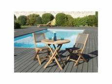 Harris - salon de jardin en bois teck 2 pers - ensemble de jardin - 1 table ronde pliante 80 cm et 2 chaises textilène taupe