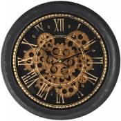 Horloge murale ronde en métal noir et doré engrenage