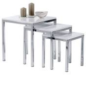 Idimex - Lot de 3 tables d'appoint luna tables basses de salon gigognes bouts de canapé plateau carré blanc brillant et cadre en métal chromé - Blanc
