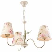 Lampe tissu 3-flmg table à manger campagnarde fleurie - Shabby blanc, écru, rose, vert