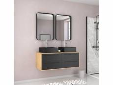 Meuble de salle de bains 120 cm_2 vasques carrées_2 miroirs - chêne naturel et noir mat - uby