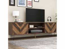 Meuble tv 160 cm style avec 2 compartiments et 2 portes en placage de bois massif, banc tv de poignées dorées, bois rétro