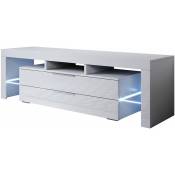 Meuble TV 2 tiroirs Meuble TV de salon avec LED 160x53x35cm Modèle Selma Blanc Finition brillante - Blanc
