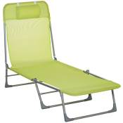 Outsunny Bain de soleil transat chaise longue inclinable pliable avec oreiller dossier réglable sur 5 niveaux vert