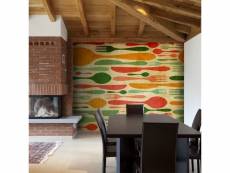 Papier peint intissé motifs de cuisine couverts en vert et orange taille 200 x 154 cm PD14210-200-154