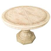 Table à manger ronde extensible bois vernis laqué brillant beige et onyx effet marbré Lesly 110 à 160cm