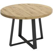 Table à manger ronde extensible en bois chêne avec pieds en métal graphite - Longueur 110-158 x Profondeur 110 x Hauteur 77 cm Pegane