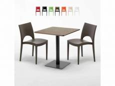 Table carrée 70x70 plateau effet bois avec 2 chaises