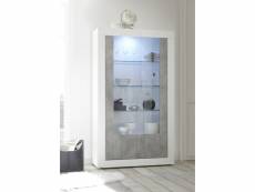 Vitrine, meuble de rangement 2 portes vitrées coloris blanc brillant, ciment - longueur 110 x hauteur 190 x profondeur 42 cm