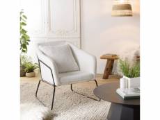 Albane - fauteuil tissu bouclette blanc pieds évasés métal noir