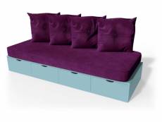 Banquette cube 200 cm + futon + coussins bleu pastel