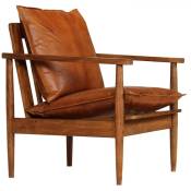 Fauteuil chaise siège lounge design club sofa salon cuir véritable avec bois d'acacia marron - Bois