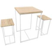 Set table haute carré - Loft - avec 2 tabourets de bar. acier et décor bois. encastrable. design - Blanc