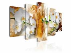 Tableau sur toile en 5 panneaux décoration murale image imprimée cadre en bois à suspendre peinture brune et orchidée 100x50 cm 11_0002503
