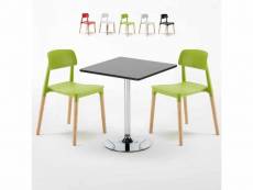 Table carrée noire 70x70cm et 2 chaises colorées