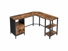 Bureau d'angle table en forme de l avec caisson à dossiers suspendus 2 étagères bureau à domicile montage facile cadre en acier style industriel marro