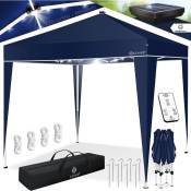 Pavillon pliable 3x3m avec éclairage led Télécommande solaire Tente de jardin réglable en hauteur & étanche + sac ancrage au sol Bleu marine - Kesser