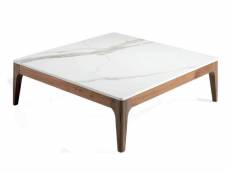 Table basse carrée bois noyer et plateau en marbre céramique blanc mykal
